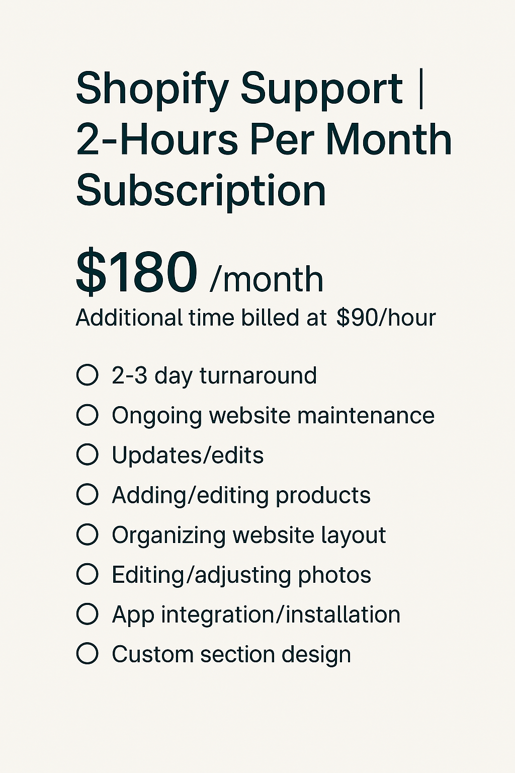 2-Hours Per Month Shopify Support | Subscription
